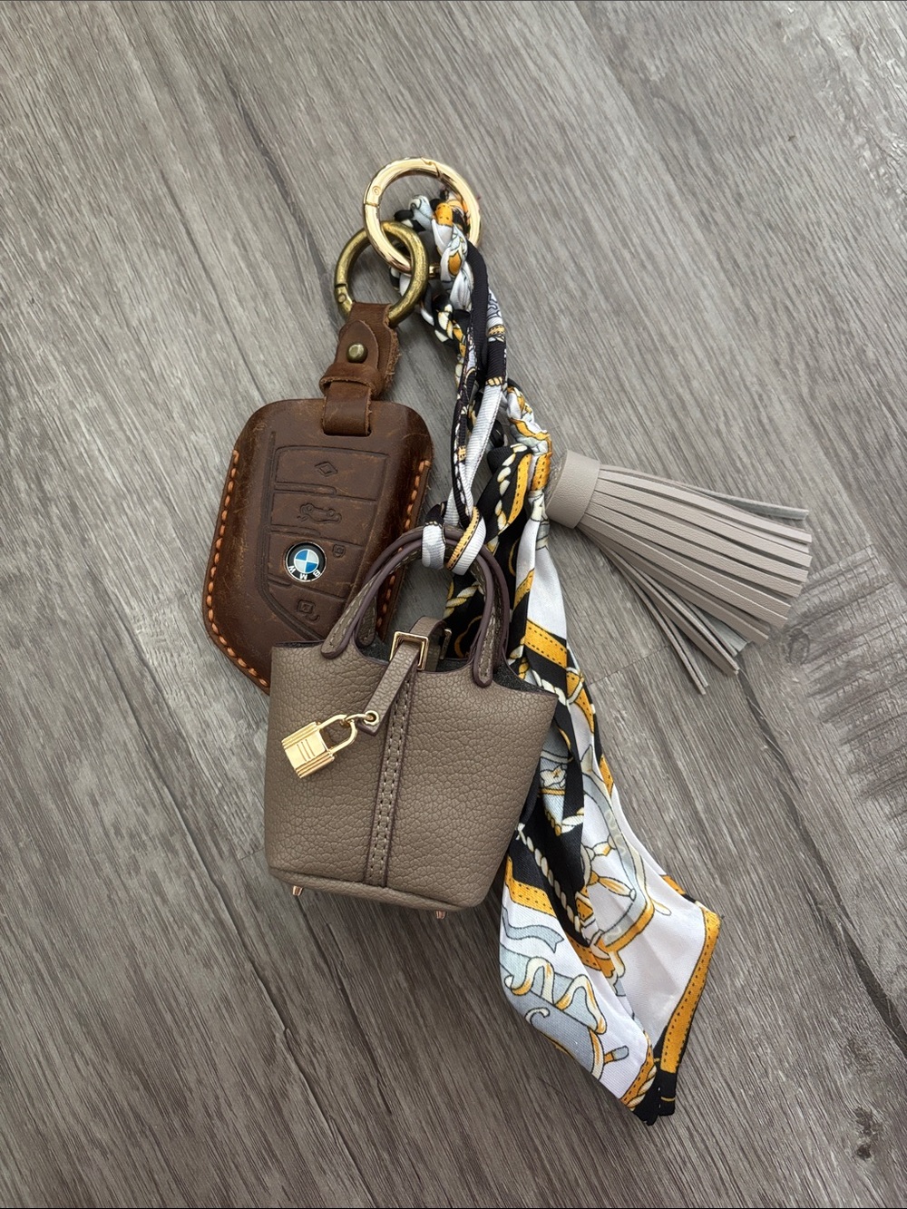 Mini Handbag Keychain Charm with Twilly Scarf & Tassel – Taupe - Picture 2 of 4